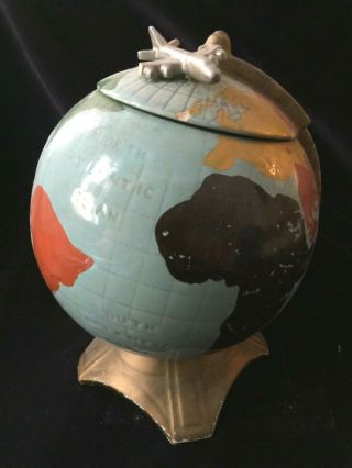 Rare Mccoy Pottery World Hand Painted Globe Cookie Jar W/ Jet On Lid