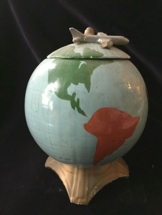 RARE McCoy Pottery World Hand Painted Globe Cookie Jar w/ Jet on Lid 2