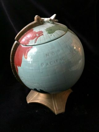 RARE McCoy Pottery World Hand Painted Globe Cookie Jar w/ Jet on Lid 3