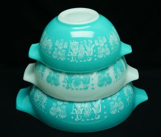 Vintage Pyrex Turquoise/white Butterprint/amish Set Of 3 Cinderella Mixing Bowl