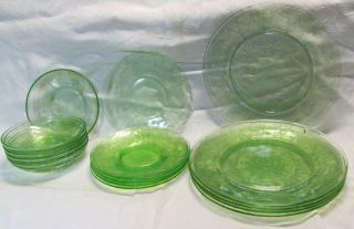 Cameo Ballerina//dancing Girl Green Depression,  Hocking Glass 15 Pc Bowls/plates