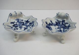 Pair 2 Meissen Blue Onion Shell Footed Dish Salt Cellar Repaired First