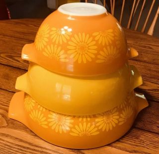 Vintage Pyrex Daisy Nesting Cinderella Mixing Bowls 442 443 444 Sunflowers 60’s