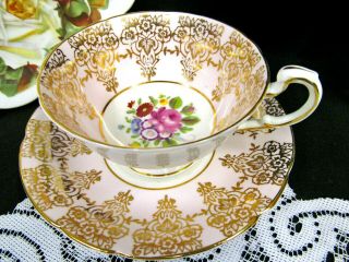 Paragon Pink Tea Cup And Saucer Rose Floral Gold Gilt Teacup Wide Mouth Shape