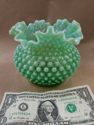 Vintage Fenton Art Glass Opalescent Green Hobnail Ruffled Edge Deep Bowl,  Vase