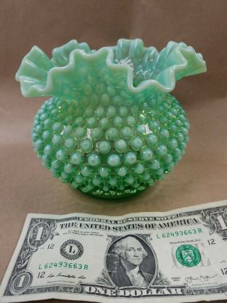 Vintage FENTON Art Glass Opalescent Green Hobnail Ruffled Edge Deep Bowl,  Vase 2