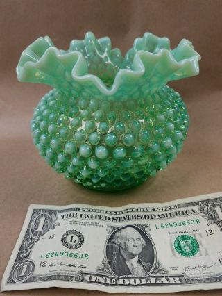 Vintage FENTON Art Glass Opalescent Green Hobnail Ruffled Edge Deep Bowl,  Vase 3