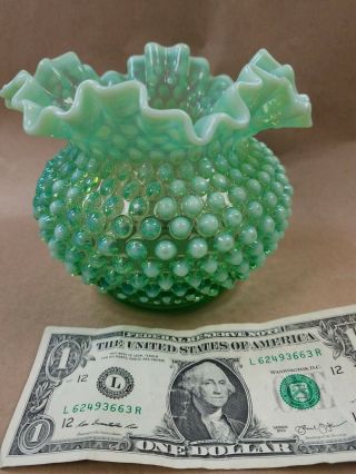 Vintage FENTON Art Glass Opalescent Green Hobnail Ruffled Edge Deep Bowl,  Vase 4