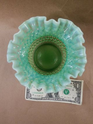 Vintage FENTON Art Glass Opalescent Green Hobnail Ruffled Edge Deep Bowl,  Vase 5