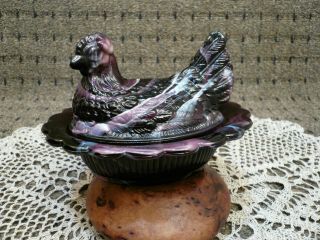 Purple White Slag Glass Rooster / Hen On Nest Covered Candy Dish