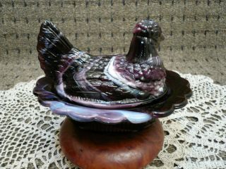 Purple White Slag Glass Rooster / Hen on Nest Covered Candy Dish 2