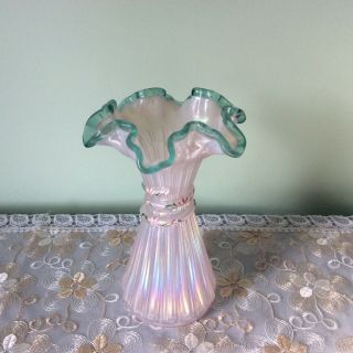 Fenton Pearl Opalescent W/ Green Silvercrest/ Handpainted Wheat Vase