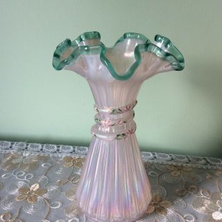 Fenton Pearl Opalescent W/ Green Silvercrest/ Handpainted Wheat Vase 7