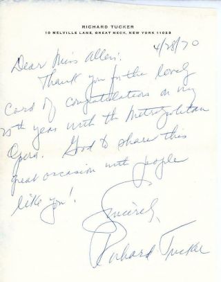 S695.  Richard Tucker Autographed Signed Letter On Personal Stationary Dated 4/2
