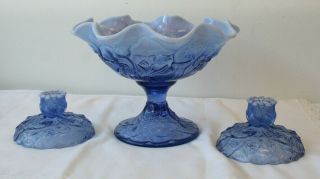 Fenton Art Glass Blue Opalescent Lily Of The Valley Centerpiece & Candle Holders
