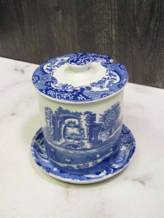 Spode Italian Blue Jelly Jam Mustard Condiment Jar With Lid And Underplate