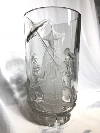 Verlys Crystal Vase Asian Manderin Motif With Relief - Signed