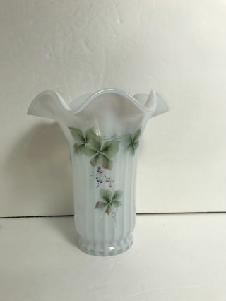 Fenton Opalescent Stripped Vase With Green Flowers