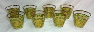 Set Of 8 Vintage Culver Green Gold Glasses