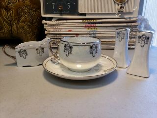 Vintage Ohme Art Nouveau Silverite China Teacup,  Creamer,  Salt & Pepper Shakers