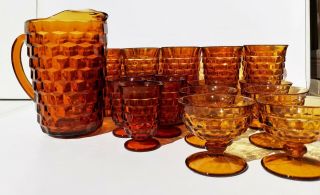 24pc Colony Whitehall Stacked Cube Fostoria American Pitcher,  Glasses Gold Amber