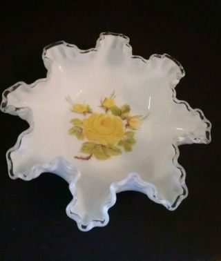 Vintage Fenton Silvercrest Ruffled Bowl Hand Painted Rose Floral Yellow & White