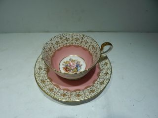 AYNSLEY ENGLAND SIGNED J.  A.  BAILEY FLORAL CUP & SAUCER W/ PINK/GOLD BACKGROUND 2