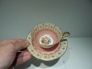 AYNSLEY ENGLAND SIGNED J.  A.  BAILEY FLORAL CUP & SAUCER W/ PINK/GOLD BACKGROUND 3