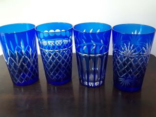 Vintage 4 Bohemian Czech Cobalt Blue Cut To Clear Water Whiskey Glasses Highball