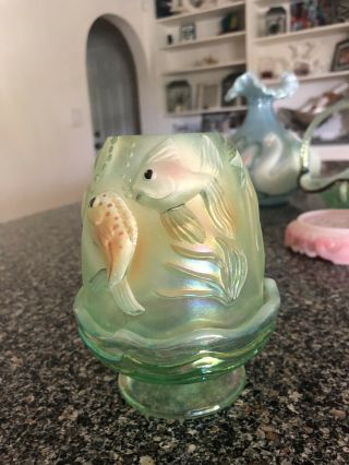 Fenton Glass Hand Painted Green Irridescent Candle Holder With Topper
