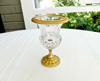 Small Vintage French Ormolu Gilt Bronze Cut Crystal Urn Vase,  5 ",