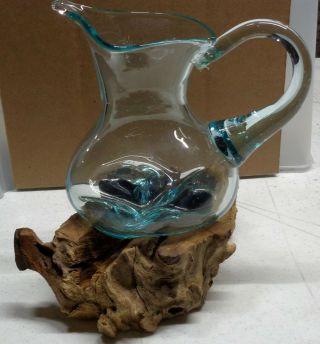 Unique Hand Blown Recycled Glass Pitcher With Authentic Teak Wood Base Item