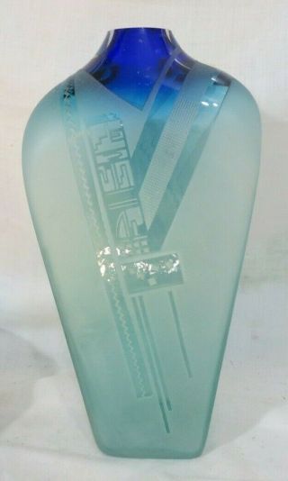 Grant Hand Made Frosted Art Glass Vase,  Signed,  Stunning Blue/green,  11 1/2 "