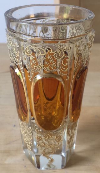 Antique Moser Bohemian Czech Glass Facetted Amber & Gold 3&7/8 " Vase Or Cup