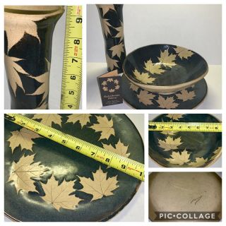 Kaleidoscope Pottery Black Maple Leaf Impression Plate Bowl Vase Set Of 3