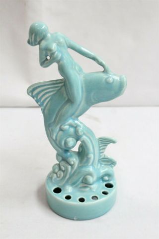 Art Deco Royal Haeger Turquoise Nude Lady Riding Fish Pottery Flower Frog