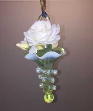 Mid Century Epergne Murano Vaseline Glass Flower Horn Hanging Basket Rare 60s