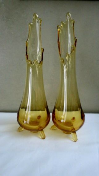 Pair L E Smith Amber 11 Inch 3 Toed Swung Vases