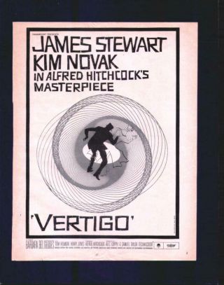 Vertigo Vintage Color Promo Movie Ad 1958 James Stewart Kim Novak