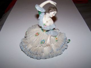 Dresden Porcelain Figural Dancing Girl With Flowered Dress 5  Tall