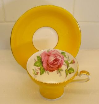 Aynsley Pink Cabbage Rose On Corset Shape Gloss Yellow Tea Cup And Saucer C957