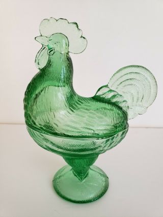 Vintage L.  E.  Smith Green Glass Standing Rooster Candy Dish