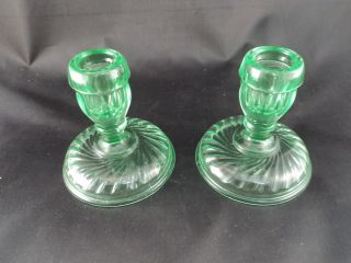 Vintage Pair Green Depression Glass Candle Sticks Holders Wave Swirl Twist Glow