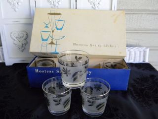 (8) Mid Century Libbey Hostess Set Silver Leaf Low Ball Glasses Collector Box
