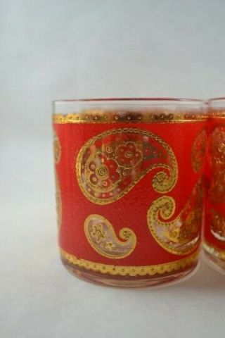 Vintage Culver 22k Gold & Red Paisley Low Ball Cocktail Tumbler Glasses Set Of 4