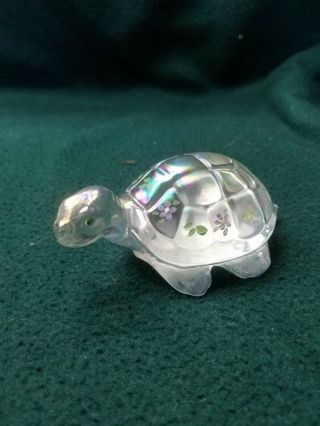 Fenton Art Glass Iridescent Clear Turtle Handpainted With Flowers And Signed