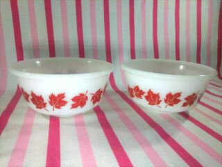 Darling Vintage Hazel Atlas Red Maple 7 " Milk Glass Bowl Set • Hard To Find