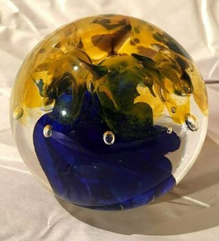 Chuck Boux Signed Studio Art Glass Paperweight Yellow And Blue Swirls