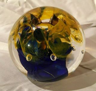 Chuck Boux Signed Studio Art Glass Paperweight Yellow and Blue Swirls 2