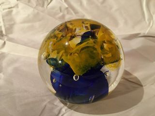 Chuck Boux Signed Studio Art Glass Paperweight Yellow and Blue Swirls 3